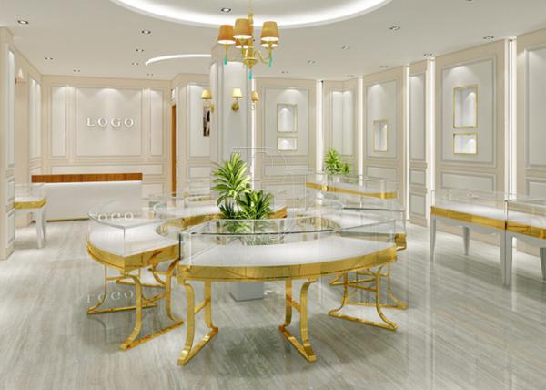 Buy cheap Gold Stainless Steel Retail Glass Display Cases Luxury Wood Combined With Mirror from wholesalers