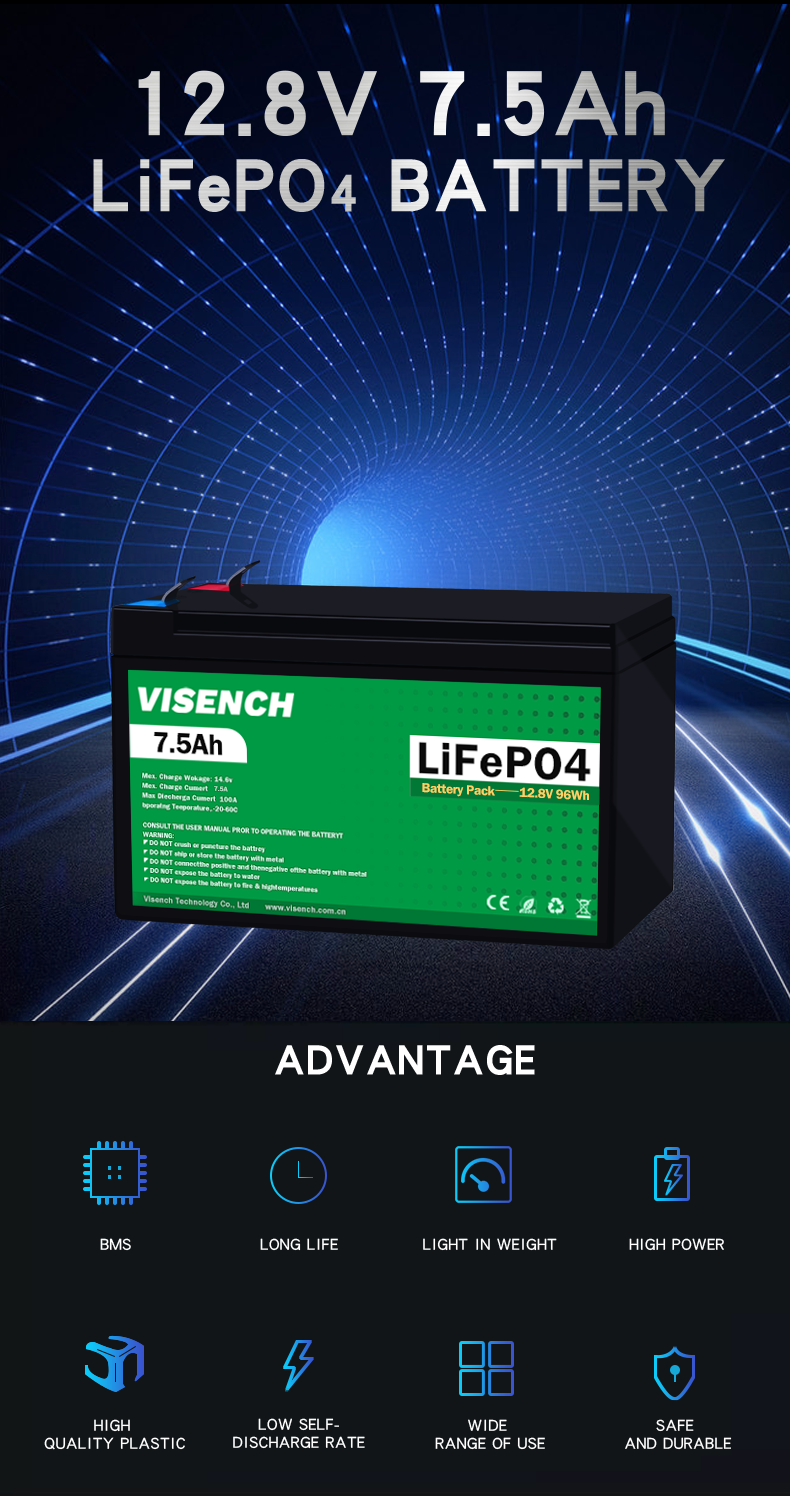 Visench Deep Cycles 12V 7.5Ah Lifepo4 Rechargeable Lithium Iron Phosphate Battery Pack