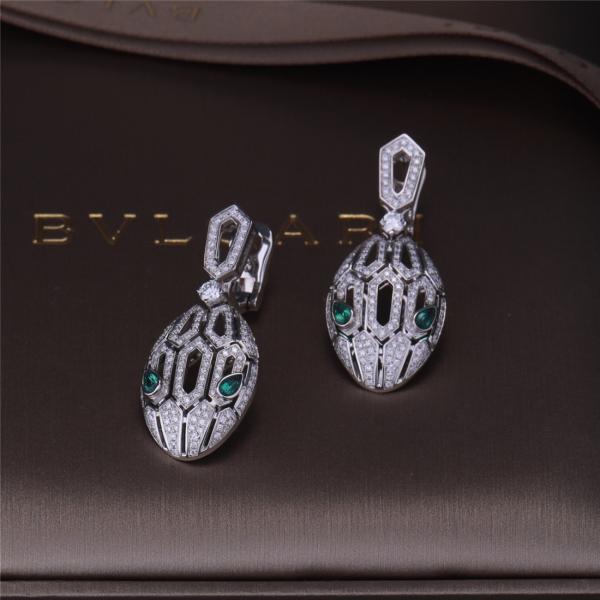 Luxury Gold Brand Serpenti Earrings in 18K White Gold set with Emerald Eyes and