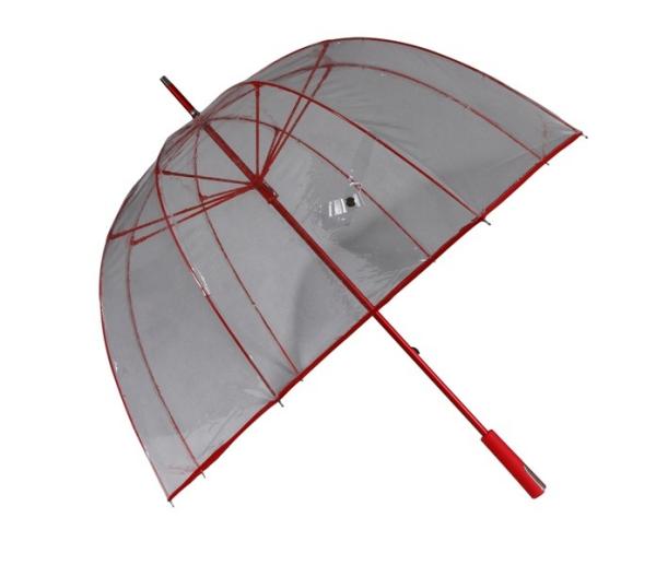 Buy cheap Dome Shape Red Edges Clear Plastic See Through Umbrellas With Self Metal Top from wholesalers
