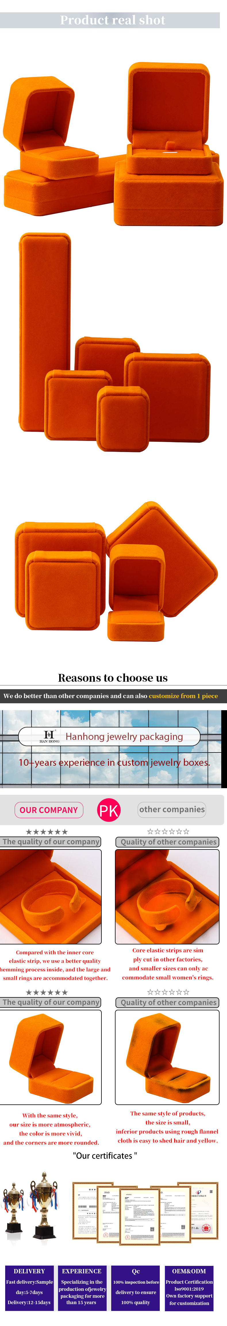 Wholesale manufacturing hign end Jewellery Box packaging Personalized Custom logo Luxury Necklace Bracelet Earring Ring Packaging Velvet orange