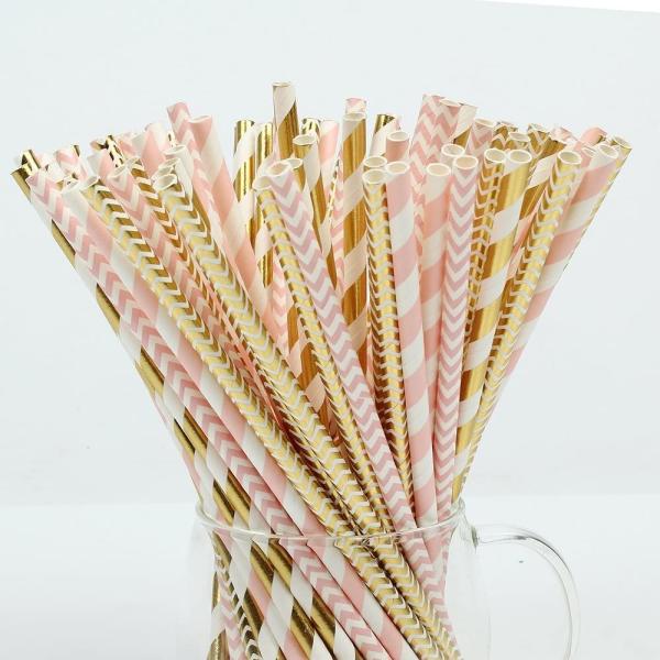 Buy cheap 7.75" Party Event Striated Pink And Gold Striped Paper Straws from wholesalers