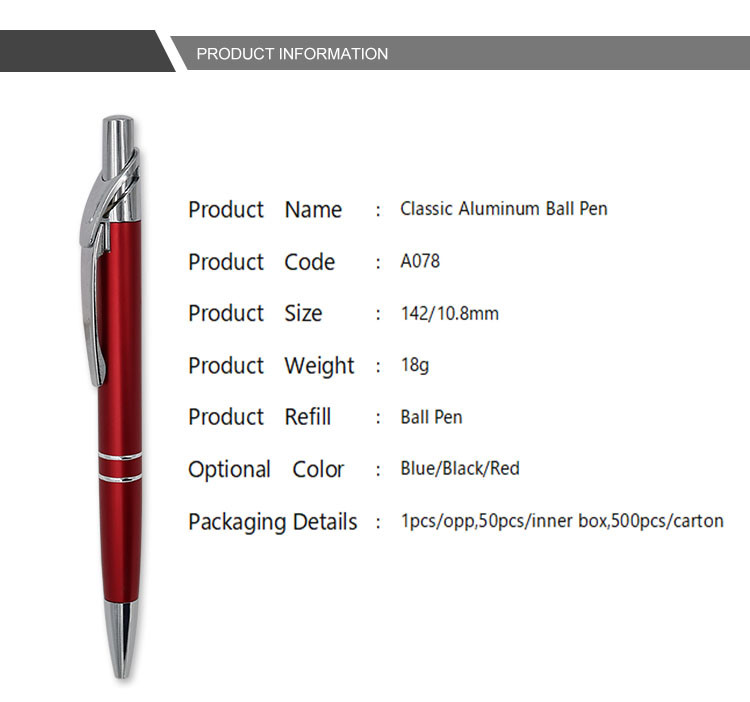 Customizable Aluminum Ball Pen Red Classic Design Metal Ballpoint Pen Logo Pen