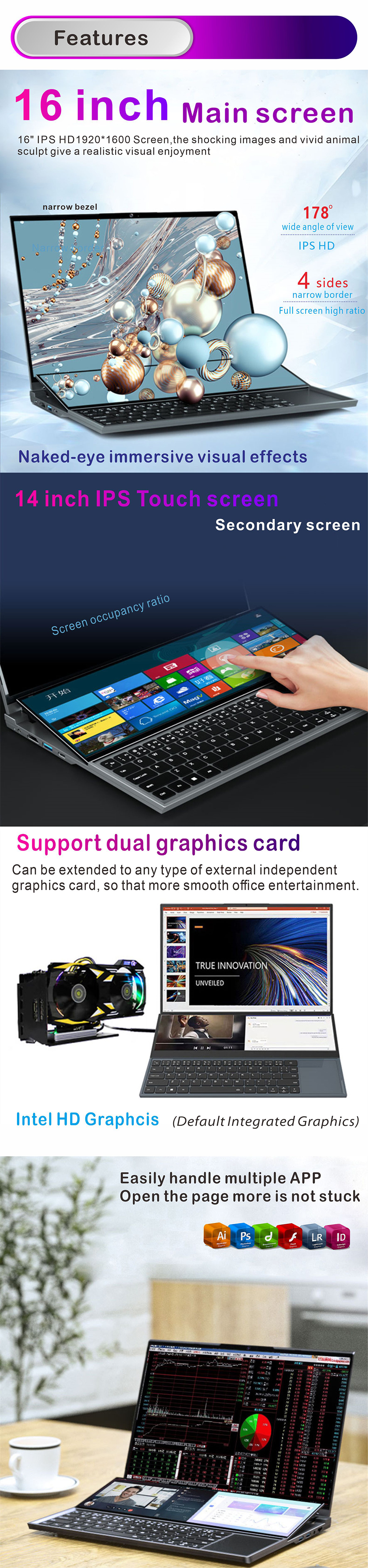 OEM Dual Screen Laptop , Business Laptop Computers With 16 Inch 14 Inch Touch Screen