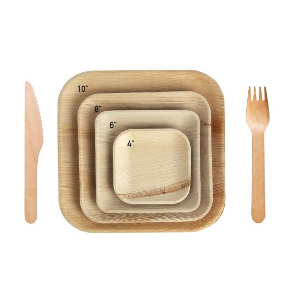 Buy cheap 10" Disposable Square Areca Palm Leaf Plates With Fork Knife from wholesalers