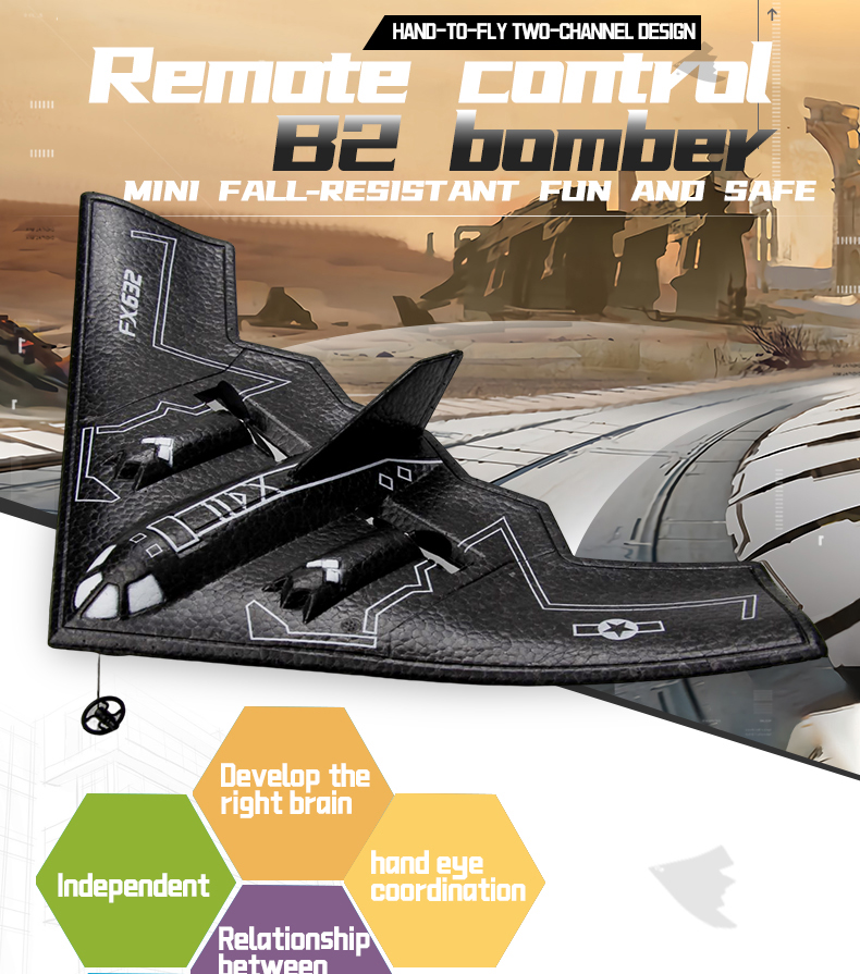 Fx632 Rc Airplane B2 Bomber 2.4ghz Wireless Control Mini Glider 2ch Aircraft Drone Children Toys Gifts for Kids' Learning