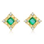 18K Yellow Gold Natural Emeral Inlay Diamonds Stud Earrings