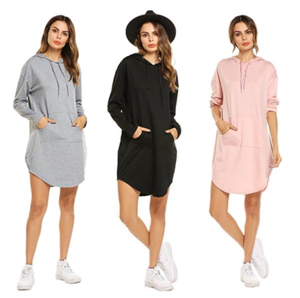 Buy cheap Stylish Plus Size Ladies Shirts String Kangaroo Pocket Long Fleece Dress With Hood from wholesalers