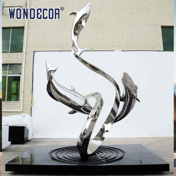 Large outdoor metal art abstract marine animal dolphin and ribbon stainless