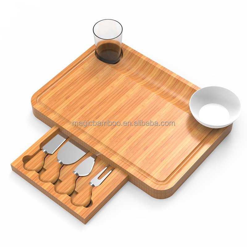 Rectangular Bamboo Cheese Board with Pull-Out Complete Set of Cheese Knives and Design