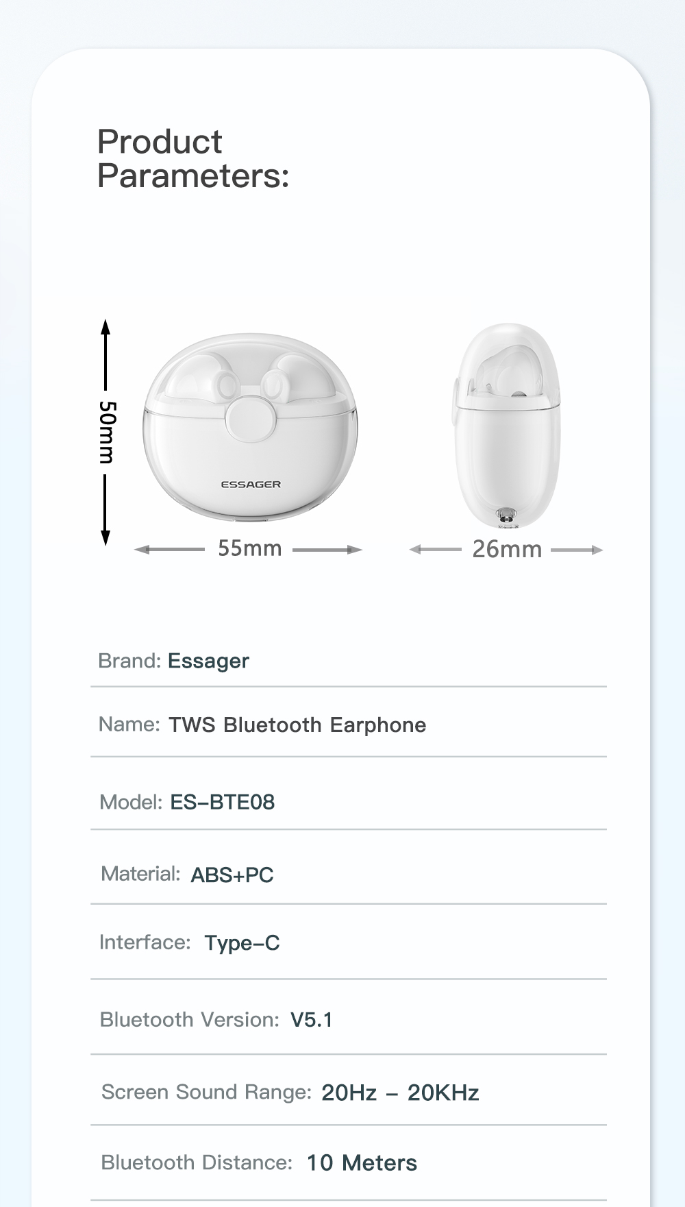 TWS Blue Tooth BT Wireless Headset Earphone Transparent 35mAh 300mAh For Ip Android