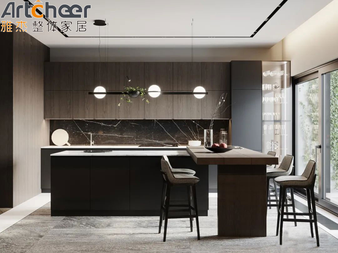 Custom Made Solid Wood Frame Kitchen Island with Lacquer Finish and Modern Dining Room