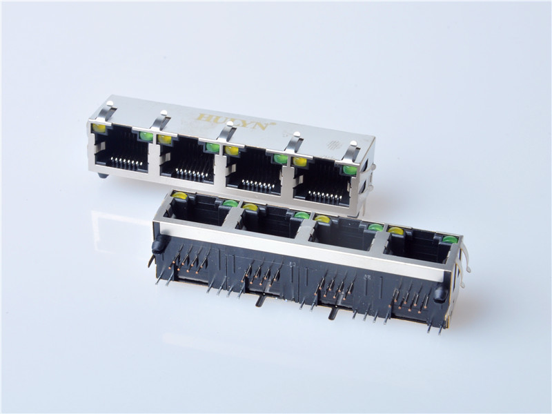 HULYN Very low profile, Shielded RJ45 Modular Jack, Through Hole Type, 1x4,with LEDs，