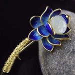 18K Gold Plated 925 Silver Enamel Lotus Flower Jade Pendant Necklace Brooch For