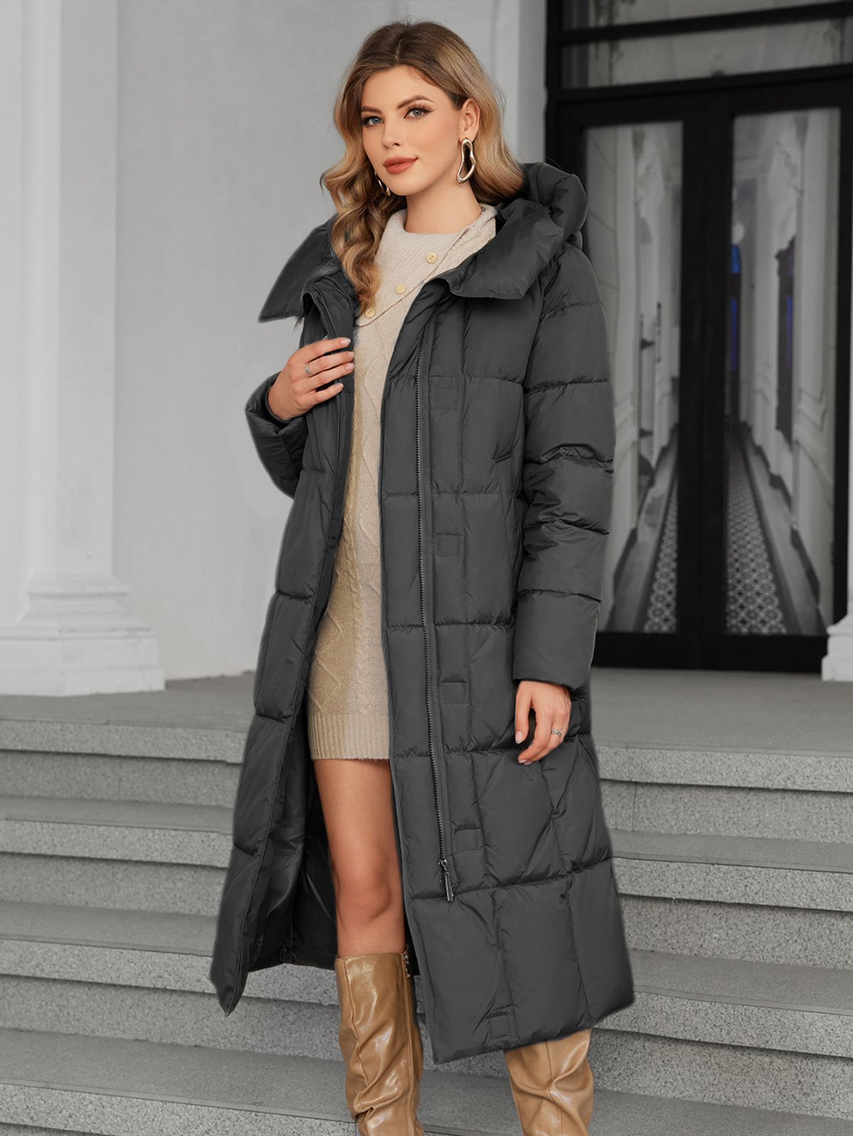 long women jacket, for cold winter coat, hooked, lower knees length, dark colours, Winter Warmth Graphene Self Heating line，