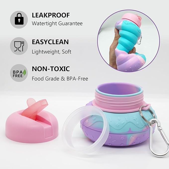 Doughnut Collapsible Water Bottle For Kids 19oz BPA Free Leakproof Silicone Rainbow Water Bottles For School Students