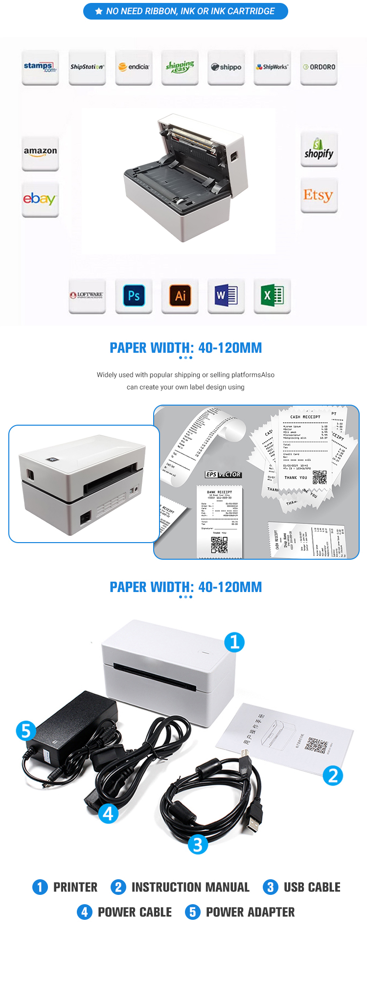 USB Blue tooth Interface Type 110mm Thermal Label Printer for Fast Shipping Label Printing