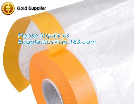 Disposable PE pre-taped self static cling masking film, Cover mask plastic drop film PE protection film with tape, BAGEA