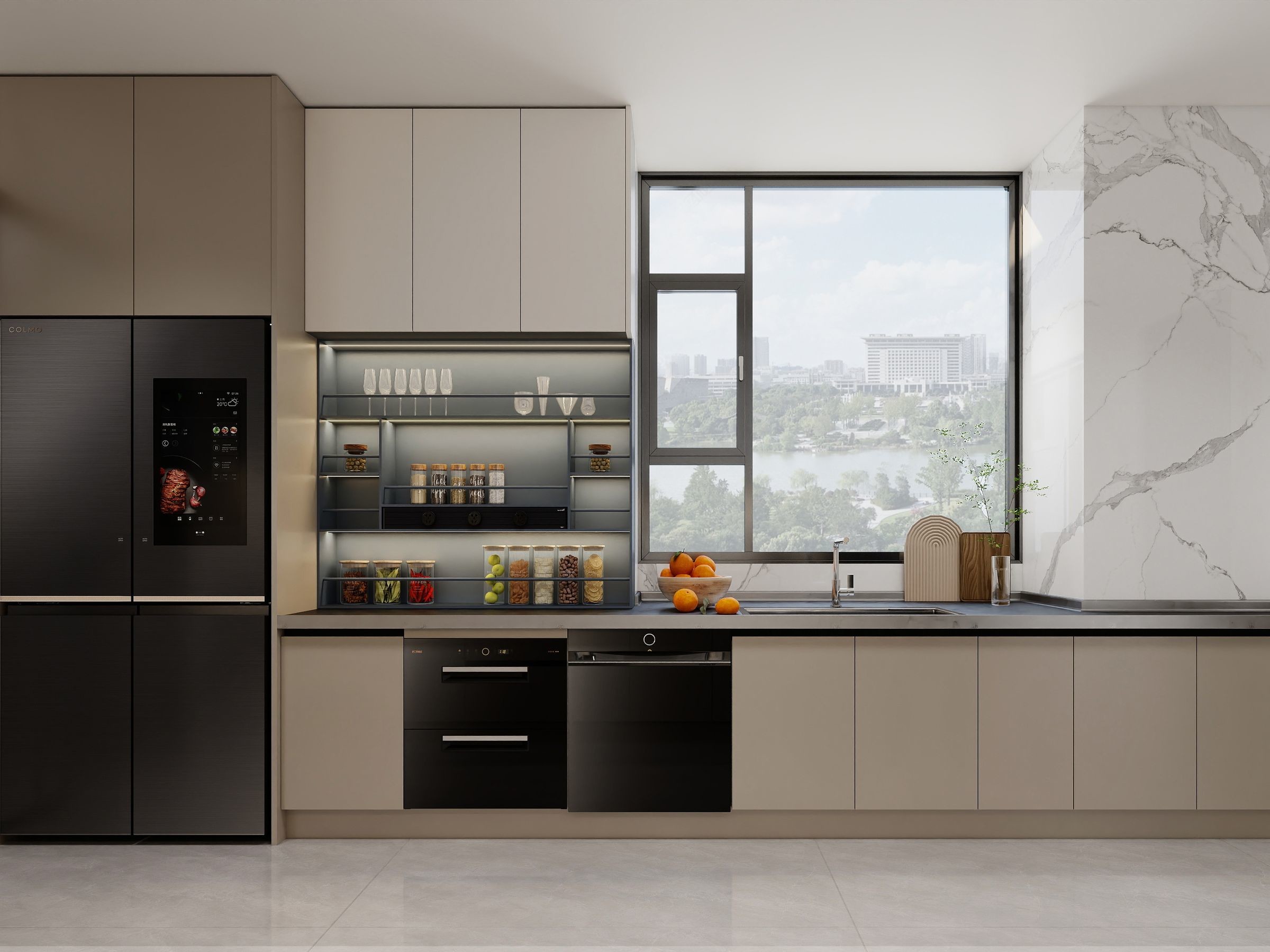 Off-White Stainless Steel U-Shaped Kitchen Cabinet With Seamlessly Integrated Design
