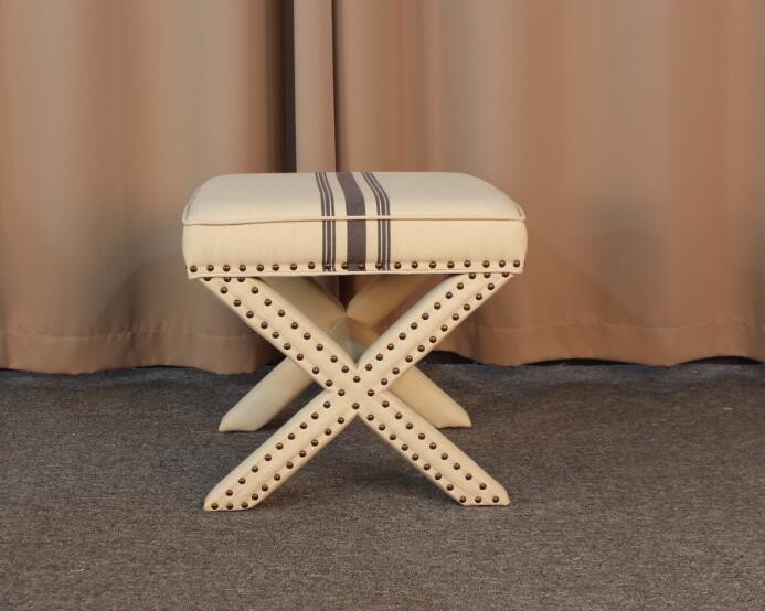 French wooden folding ottoman with silver nails linen fabric home furniture foot rest ottoman