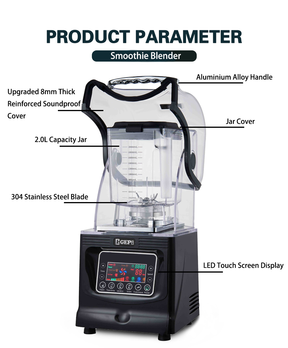 Professional Food Processing Blender with 8mm Thick Soundproof Cover and 220V Voltage