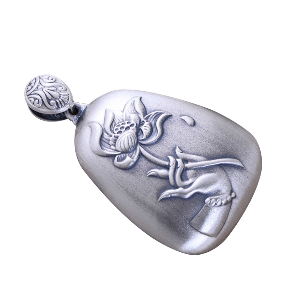Women Engraved Sutra Flower Sterling Silver Drop Pendant Necklace Buddhist Jewelry (N808063)