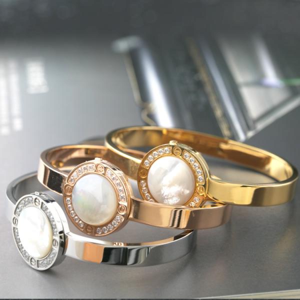 Buy cheap Stainless Steel Bracelet with White Shell, Diamond Cuff Bangle, Silver , gold color women bangle from wholesalers