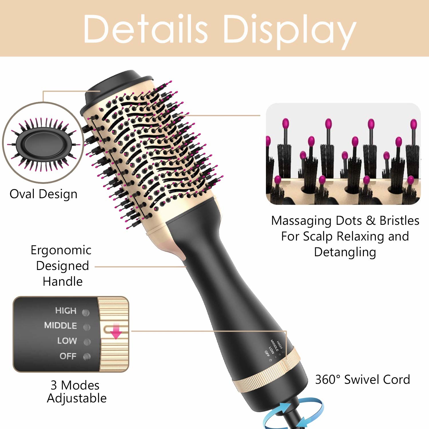 Professional Electric Hot Hair Brush Dryer Volumizer Portable 3 In 1 Multifunctional