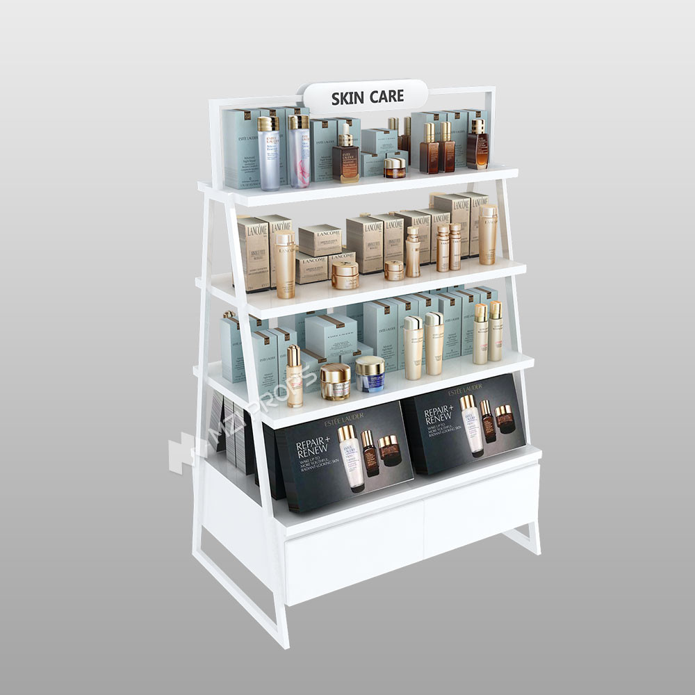 White Skincare Display Shelf Double-Sided Transparent Central Rack for Beauty Shop Design and Cosmetic Store Decoration