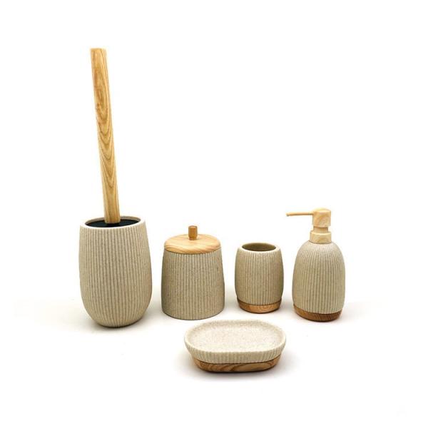 Beige Vertical Stripe Polyresin Bathroom Accessories Round Bathroom Tumbler