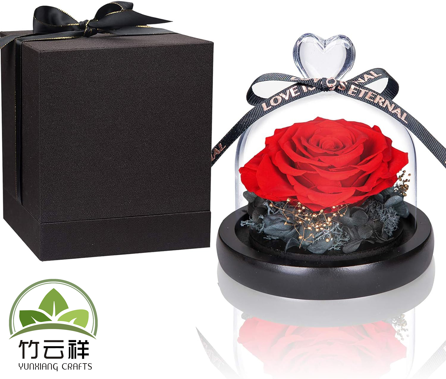 Customized Wooden Base Eternal Rose Preserved Rose in Beautiful Creative Design Strong Glass Dome Gift