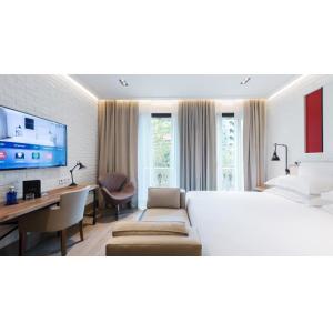 Buy cheap Zambia hotel furniture factory from China by fabric upholstered bed with wood night table and wardrobe cabinet from wholesalers