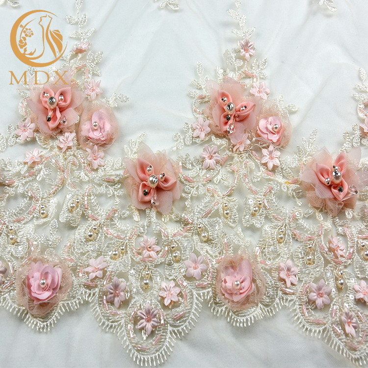 Pure Handmade Flower Blush Pink Lace Fabric MDX 135cm Width Embroidered