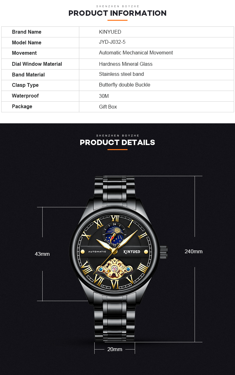 KINYUED luminous moon phase luxury black watch tourbillon automatic mechanical watch for men