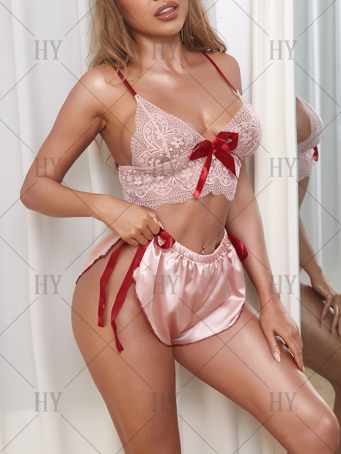 Deep V Cleavage Tinted Lace Embroidery Bra And Underwear Sets Sexy Silk Sleepwear Set