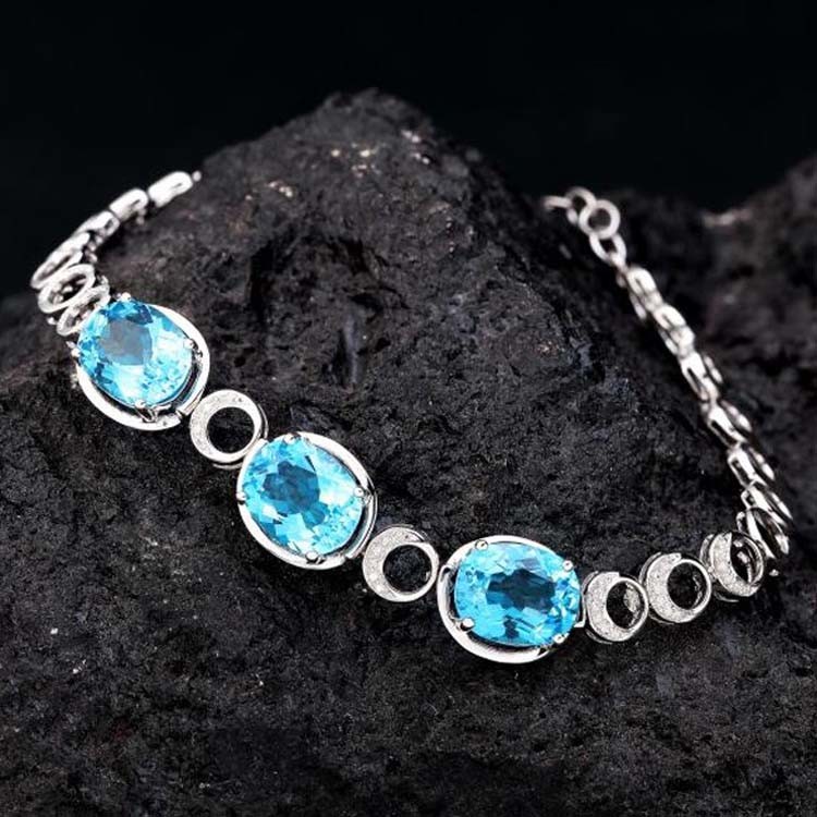 Fashion Jewelry Created Blue Topaz Cubic Zircon 925 Silver Link Chain Bracelet (H01)