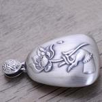 Women Engraved Sutra Flower Sterling Silver Drop Pendant Necklace Buddhist