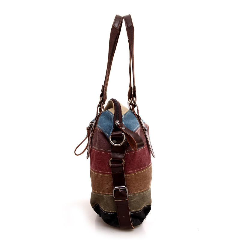 TREND NEW RAINBOW STRIPED CANVAS BAG FASHION PATCHWORK WOMEN'S BAG WATER WASH CLOTH BAG