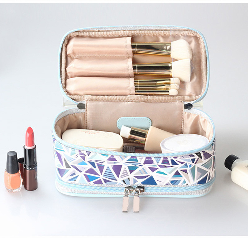 Portable Geometric PU Leather Toiletry Makeup Zipper Wash Bag Waterproof