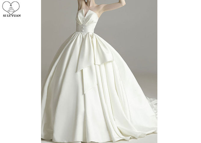 Cream Satin Beautiful Ball Gown Wedding Dress Strapless Big Bow Pleating