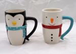 Eco Friendly 3D Ceramic Mug Hand Painted Christmas Snowman Mug With Red Scarf