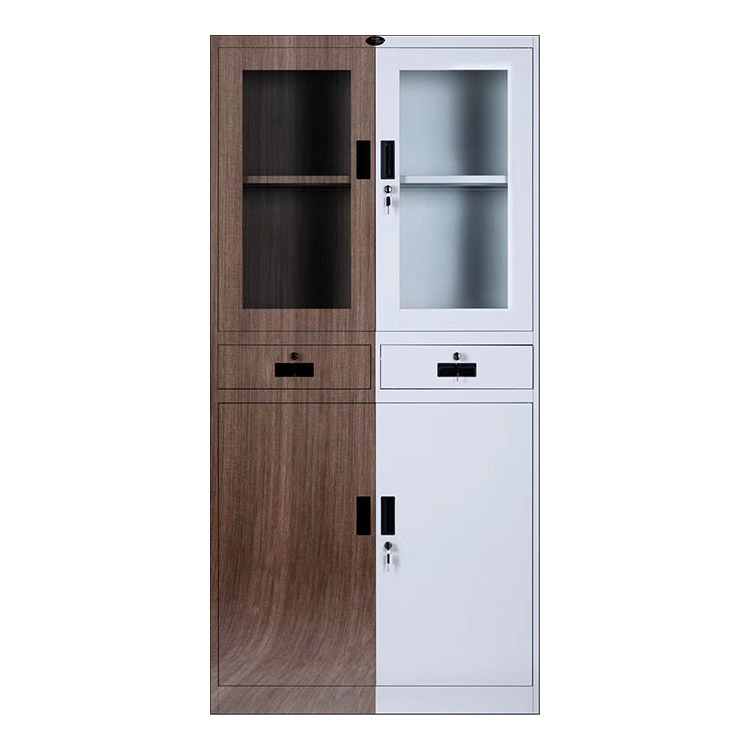 Wooden Style Half Glass Swing Door Steel Cupboard For Clothes