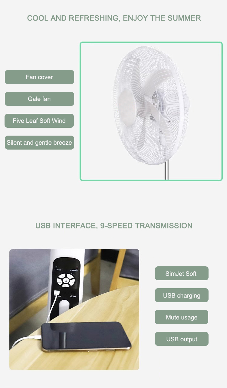 16/18 Inches AC DC 12V Charging 5 Blade Rechargeable Solar Stand Fan with Panel and Battery Solar Fan