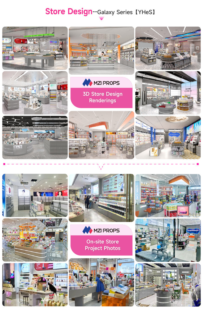 Gray Iron&Wooden Skincare Store Rack Cleaning Products Cabinet With Light Strips For Retail Store Design And Cosmetic Store Display