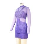 Long Sleeves Stunning Tap Costume Rows Fringes Mock Neck Dance Dress Performance