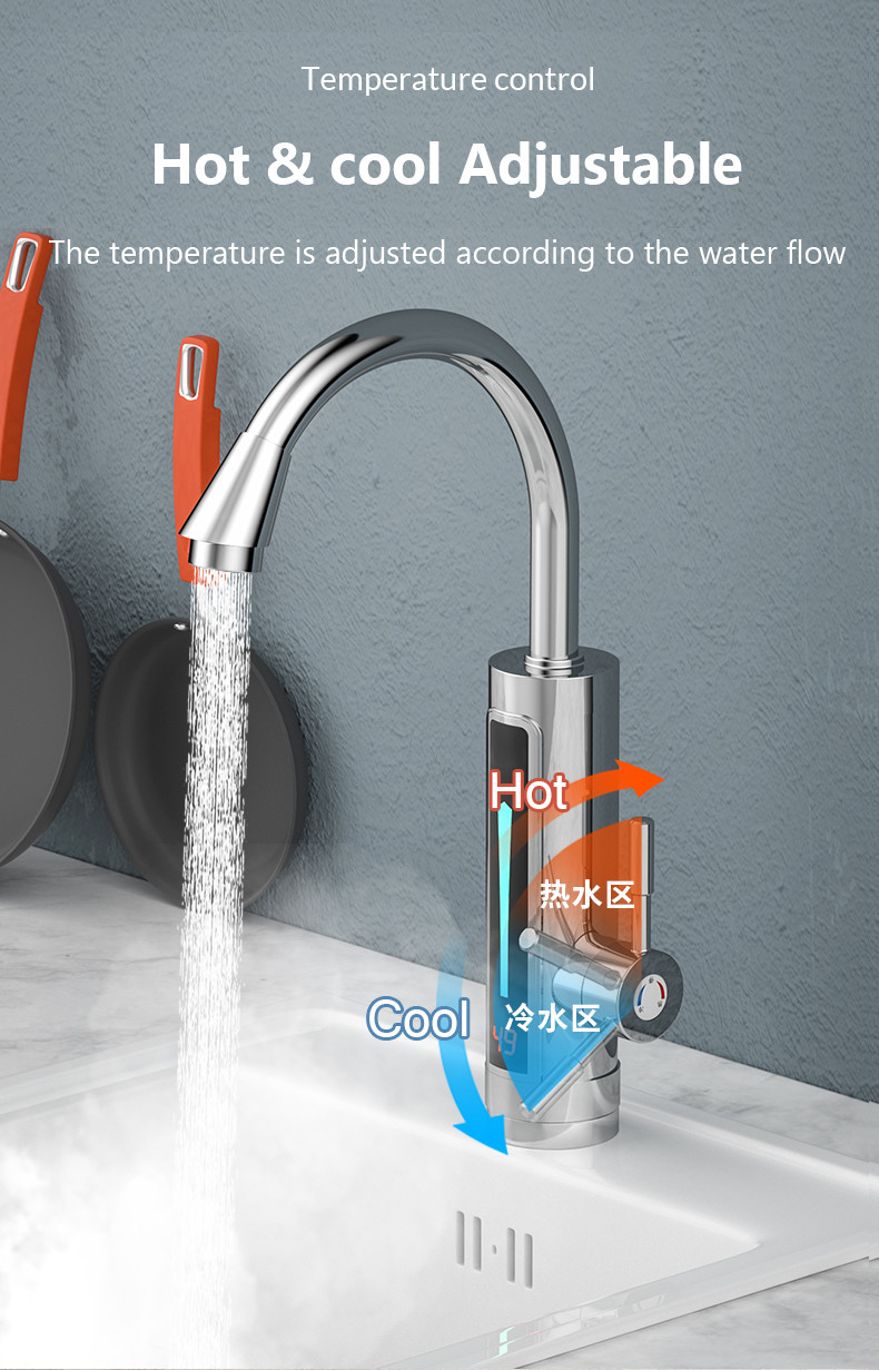 220V Electric Heated Basin Tap LVD IPX4 Kitchen Faucet With Temperature Display
