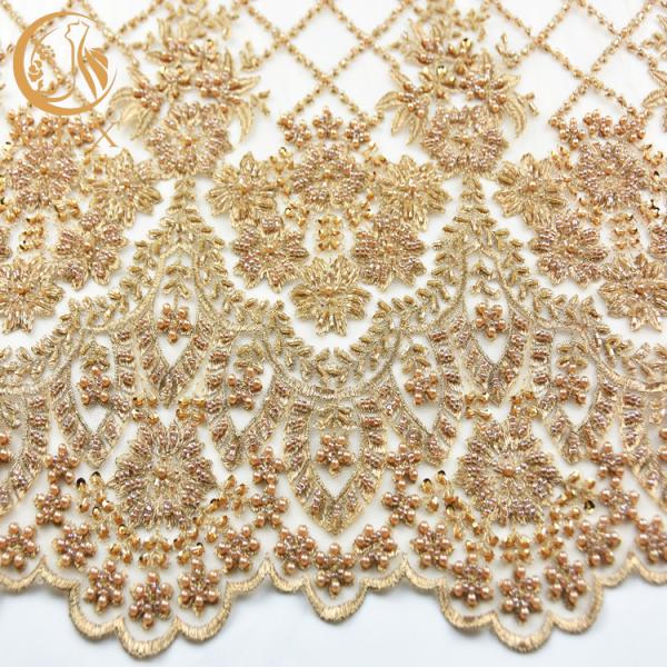 Buy cheap 1 Yard Lengh Eco Friendly Gold Bridal Lace Fabric 140cm Width Beaded Heavy from wholesalers
