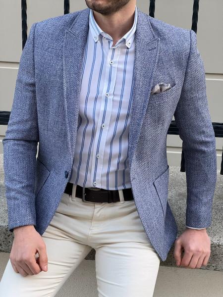 Buy cheap Slim Fit Self Patterned Blue Business Casual Blazer Outfit from wholesalers
