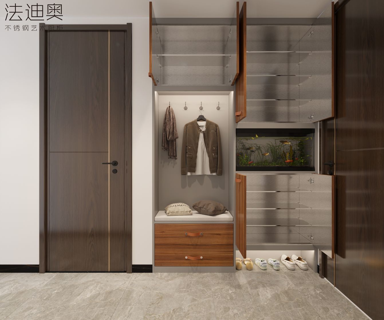 Full-Stainless Steel Shoe Cabinet With Leather Handles And Storage In Warm Walnut Finish