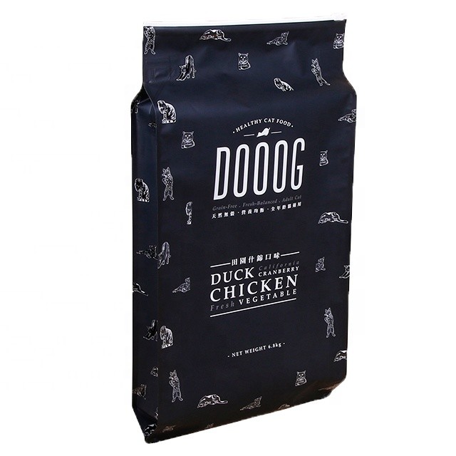 Printed recycled material flat bottom pet dog food packaging plastic bag with zipper